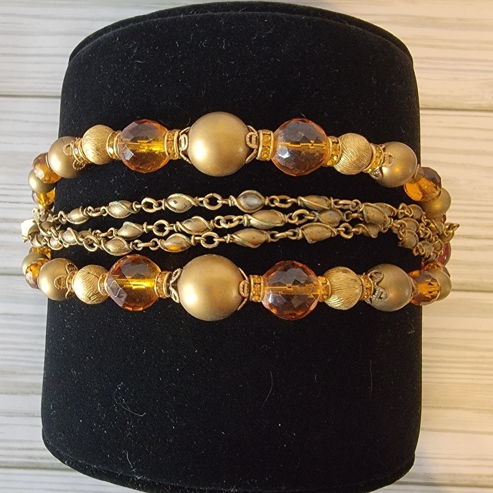 Vintage 5 Strand Amber Glass Bead Gold Tone Statement Bracelet 9”